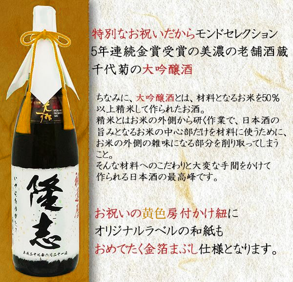 米寿 傘寿のお祝いプレゼントにお名前入りラベルの大吟醸酒