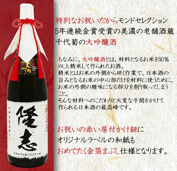 米寿、傘寿のお祝いプレゼントにお名前入りラベルの大吟醸酒
